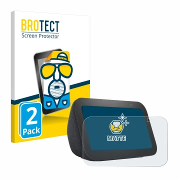 Face avant d’un emballage produit avec le logo de la marque BROTECT. À côté, l’appareil Amazon Echo Show 5 (3ème Gen.) est rep