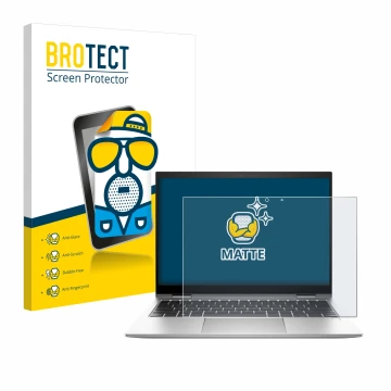 Face avant d’un emballage produit avec le logo de la marque BROTECT. À côté, l’appareil HP EliteBook x360 830 G10 est représen