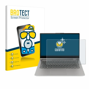 Face avant d’un emballage produit avec le logo de la marque BROTECT. À côté, l’appareil Lenovo ThinkBook 14s Yoga G3 est repré