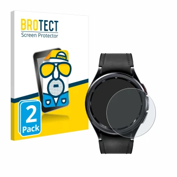 Face avant d’un emballage produit avec le logo de la marque BROTECT. À côté, l’appareil Samsung Galaxy Watch 6 Classic (47 mm)