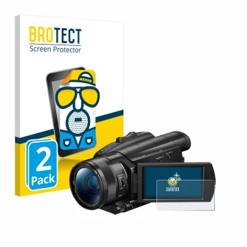 Face avant d’un emballage produit avec le logo de la marque BROTECT. À côté, l’appareil Sony FDR-AX700 est représenté avec la 