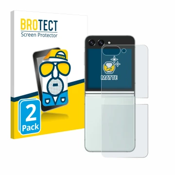 Face avant d’un emballage produit avec le logo de la marque BROTECT. À côté, l’appareil Samsung Galaxy Z Flip 5 (Arrière) est 