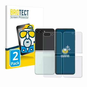Face avant d’un emballage produit avec le logo de la marque BROTECT. À côté, l’appareil Samsung Galaxy Z Flip 5 (Avant+Arrière