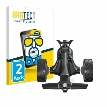 Face avant d’un emballage produit avec le logo de la marque BROTECT. À côté, l’appareil Motocaddy M7 GPS Electric Trolley est 