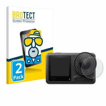 Face avant d’un emballage produit avec le logo de la marque BROTECT. À côté, l’appareil DJI Osmo Action 4 (Lentille) est repré