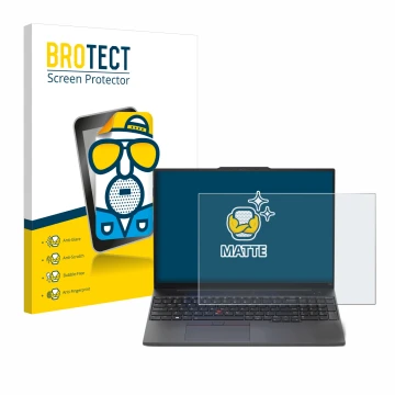 Face avant d’un emballage produit avec le logo de la marque BROTECT. À côté, l’appareil Lenovo ThinkPad E16 Gen 1 est représen