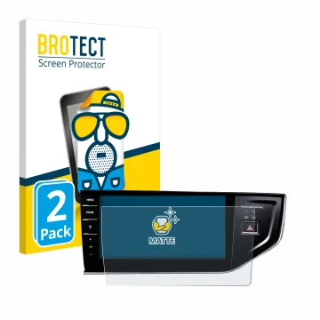 Face avant d’un emballage produit avec le logo de la marque BROTECT. À côté, l’appareil Volkswagen Polo VI Discover Pro 9,2