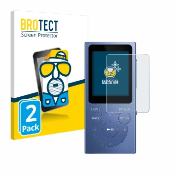Face avant d’un emballage produit avec le logo de la marque BROTECT. À côté, l’appareil Sony Walkman NW-E394 est représenté av