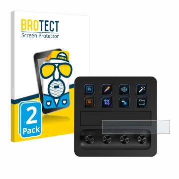 Face avant d’un emballage produit avec le logo de la marque BROTECT. À côté, l’appareil Elgato Stream Deck + est représenté av