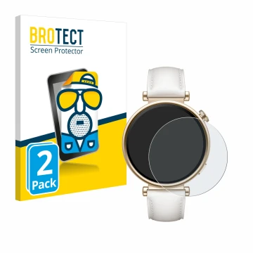 Face avant d’un emballage produit avec le logo de la marque BROTECT. À côté, l’appareil Huawei Watch GT 4 (41mm) est représent