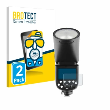 Face avant d’un emballage produit avec le logo de la marque BROTECT. À côté, l’appareil Godox V1 est représenté avec la protec