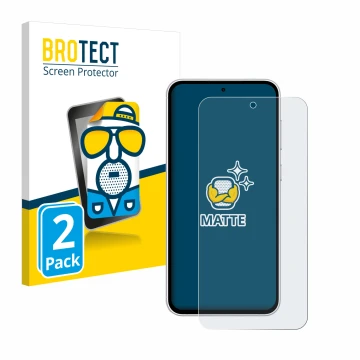 Face avant d’un emballage produit avec le logo de la marque BROTECT. À côté, l’appareil Samsung Galaxy S23 FE est représenté a