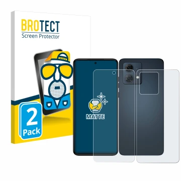 Face avant d’un emballage produit avec le logo de la marque BROTECT. À côté, l’appareil Motorola Moto G84 (Avant+Arrière) est 