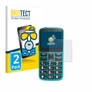 Face avant d’un emballage produit avec le logo de la marque BROTECT. À côté, l’appareil Uleway Seniorenhandy est représenté av
