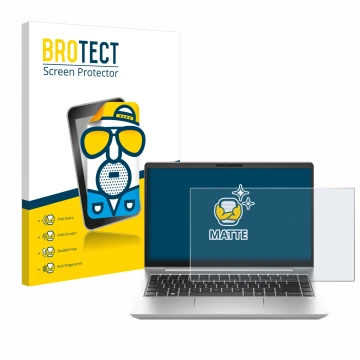 Face avant d’un emballage produit avec le logo de la marque BROTECT. À côté, l’appareil HP ProBook 445 G10 est représenté avec