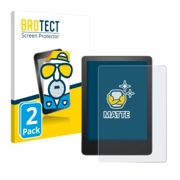 Face avant d’un emballage produit avec le logo de la marque BROTECT. À côté, l’appareil Amazon Kindle Paperwhite 2023 (11ème G