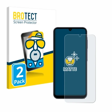 Face avant d’un emballage produit avec le logo de la marque BROTECT. À côté, l’appareil Samsung Galaxy A25 5G est représenté a