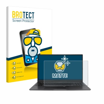 Face avant d’un emballage produit avec le logo de la marque BROTECT. À côté, l’appareil ASUS Vivobook 15 OLED est représenté a