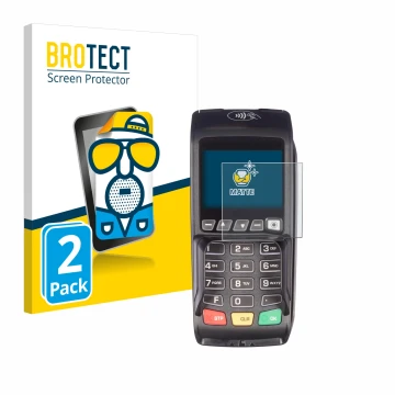 Face avant d’un emballage produit avec le logo de la marque BROTECT. À côté, l’appareil ingenico Desk/3500 est représenté avec