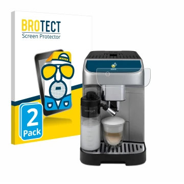 Face avant d’un emballage produit avec le logo de la marque BROTECT. À côté, l’appareil DeLonghi Magnifica Plus est représenté