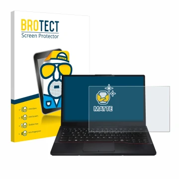Face avant d’un emballage produit avec le logo de la marque BROTECT. À côté, l’appareil Fujitsu Lifebook E5412 est représenté 