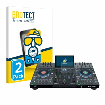 Face avant d’un emballage produit avec le logo de la marque BROTECT. À côté, l’appareil Denon DJ Prime 4+ est représenté avec 