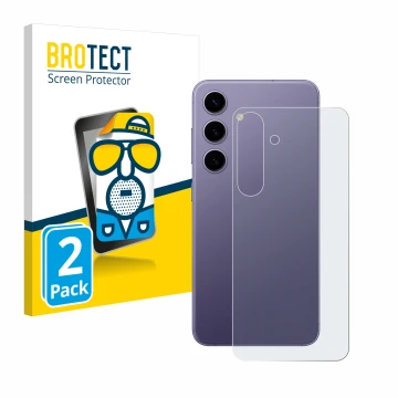 Face avant d’un emballage produit avec le logo de la marque BROTECT. À côté, l’appareil Samsung Galaxy S24 (Arrière) est repré
