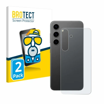 Face avant d’un emballage produit avec le logo de la marque BROTECT. À côté, l’appareil Samsung Galaxy S24 Plus (Arrière) est 