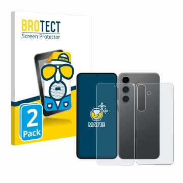Face avant d’un emballage produit avec le logo de la marque BROTECT. À côté, l’appareil Samsung Galaxy S24 Plus (Avant+Arrière
