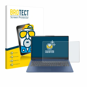 Face avant d’un emballage produit avec le logo de la marque BROTECT. À côté, l’appareil Lenovo IdeaPad Slim 3 Gen 8 15