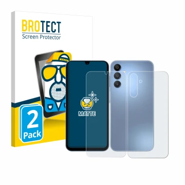 Face avant d’un emballage produit avec le logo de la marque BROTECT. À côté, l’appareil Samsung Galaxy A15 (Avant+Arrière) est