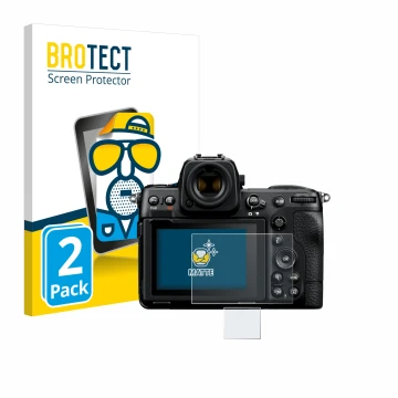 Face avant d’un emballage produit avec le logo de la marque BROTECT. À côté, l’appareil Nikon Z 8 (Affichage + affichage des é