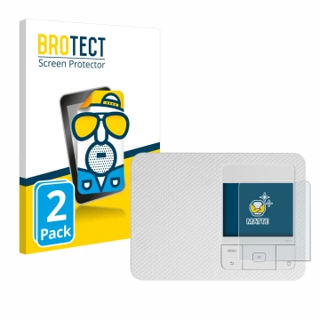 Face avant d’un emballage produit avec le logo de la marque BROTECT. À côté, l’appareil Canon Selphy CP1500 est représenté ave