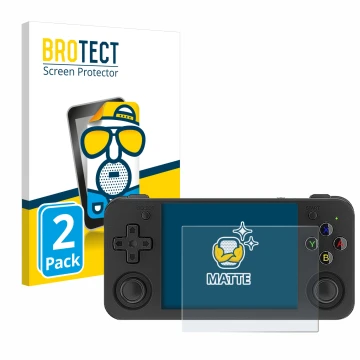 Face avant d’un emballage produit avec le logo de la marque BROTECT. À côté, l’appareil Anbernic RG35XX H est représenté avec 