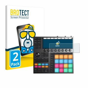 Face avant d’un emballage produit avec le logo de la marque BROTECT. À côté, l’appareil Native Instruments Maschine + est repr