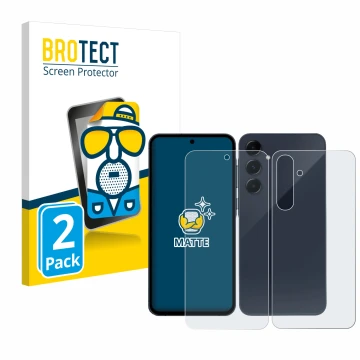 Face avant d’un emballage produit avec le logo de la marque BROTECT. À côté, l’appareil Samsung Galaxy A55 5G (Avant+Arrière) 