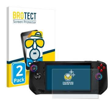 Face avant d’un emballage produit avec le logo de la marque BROTECT. À côté, l’appareil MSI Claw A1M est représenté avec la pr