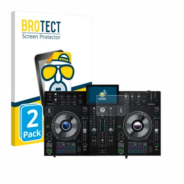 Face avant d’un emballage produit avec le logo de la marque BROTECT. À côté, l’appareil Denon DJ Prime 2 est représenté avec l