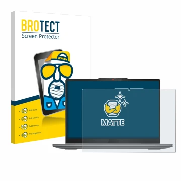 Face avant d’un emballage produit avec le logo de la marque BROTECT. À côté, l’appareil Lenovo IdeaPad 5 2-in-1 14AHP9 est rep