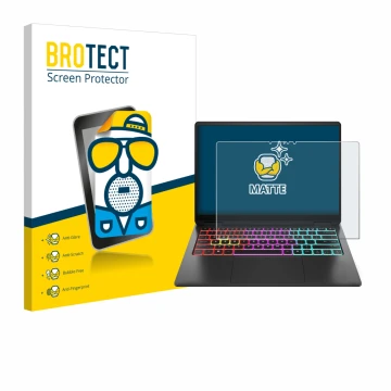 Face avant d’un emballage produit avec le logo de la marque BROTECT. À côté, l’appareil HP Omen Transcend 14 est représenté av