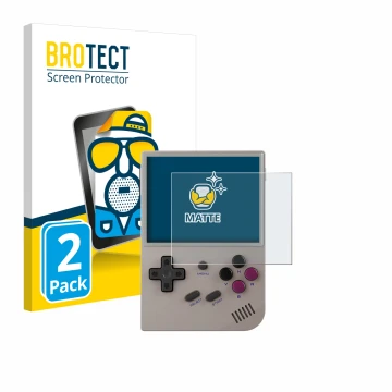 Face avant d’un emballage produit avec le logo de la marque BROTECT. À côté, l’appareil Anbernic RG35XX Plus est représenté av