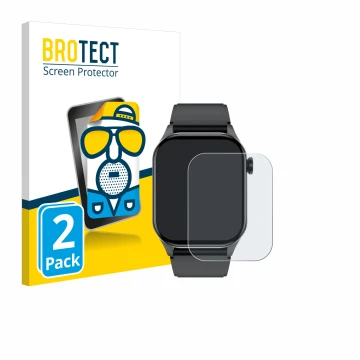 Face avant d’un emballage produit avec le logo de la marque BROTECT. À côté, l’appareil Smartwatch T98 2.04
