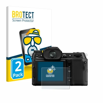 Face avant d’un emballage produit avec le logo de la marque BROTECT. À côté, l’appareil Fujifilm GFX100S II est représenté ave