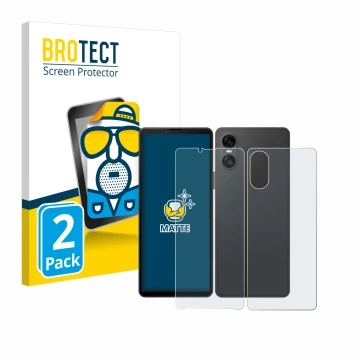 Face avant d’un emballage produit avec le logo de la marque BROTECT. À côté, l’appareil Sony Xperia 10 VI (Avant+Arrière) est 