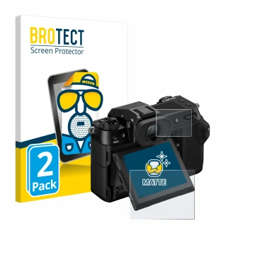 Face avant d’un emballage produit avec le logo de la marque BROTECT. À côté, l’appareil Fujifilm GFX100S II (Affichage + affic