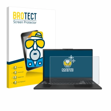 Face avant d’un emballage produit avec le logo de la marque BROTECT. À côté, l’appareil ASUS VivoBook Pro 15 OLED N6506 est re