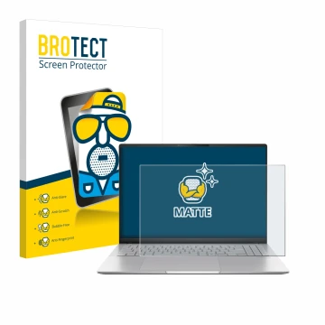 Face avant d’un emballage produit avec le logo de la marque BROTECT. À côté, l’appareil ASUS Vivobook S16 OLED M5606 est repré