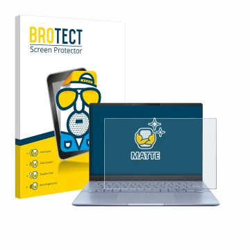 Face avant d’un emballage produit avec le logo de la marque BROTECT. À côté, l’appareil ASUS Vivobook S 14 OLED S5406 est repr
