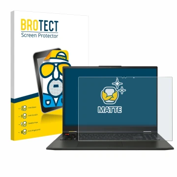 Face avant d’un emballage produit avec le logo de la marque BROTECT. À côté, l’appareil ASUS Vivobook S 16 Flip TN3604 est rep