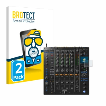 Face avant d’un emballage produit avec le logo de la marque BROTECT. À côté, l’appareil Pioneer DJM A9 est représenté avec la 